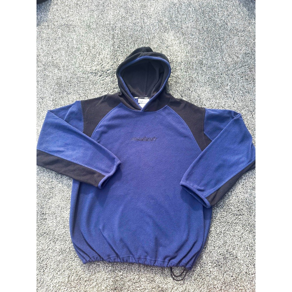 Vintage Reebok Youth XL 14 Fleece Hoodie Blue Black Spellout Y2K Pullover
